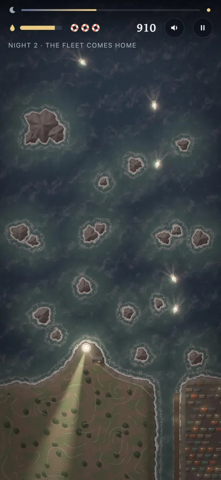 Dawn: the sea and the coast in grey morning light, the boats safe, the fields, stone walls and the harbor town showing.