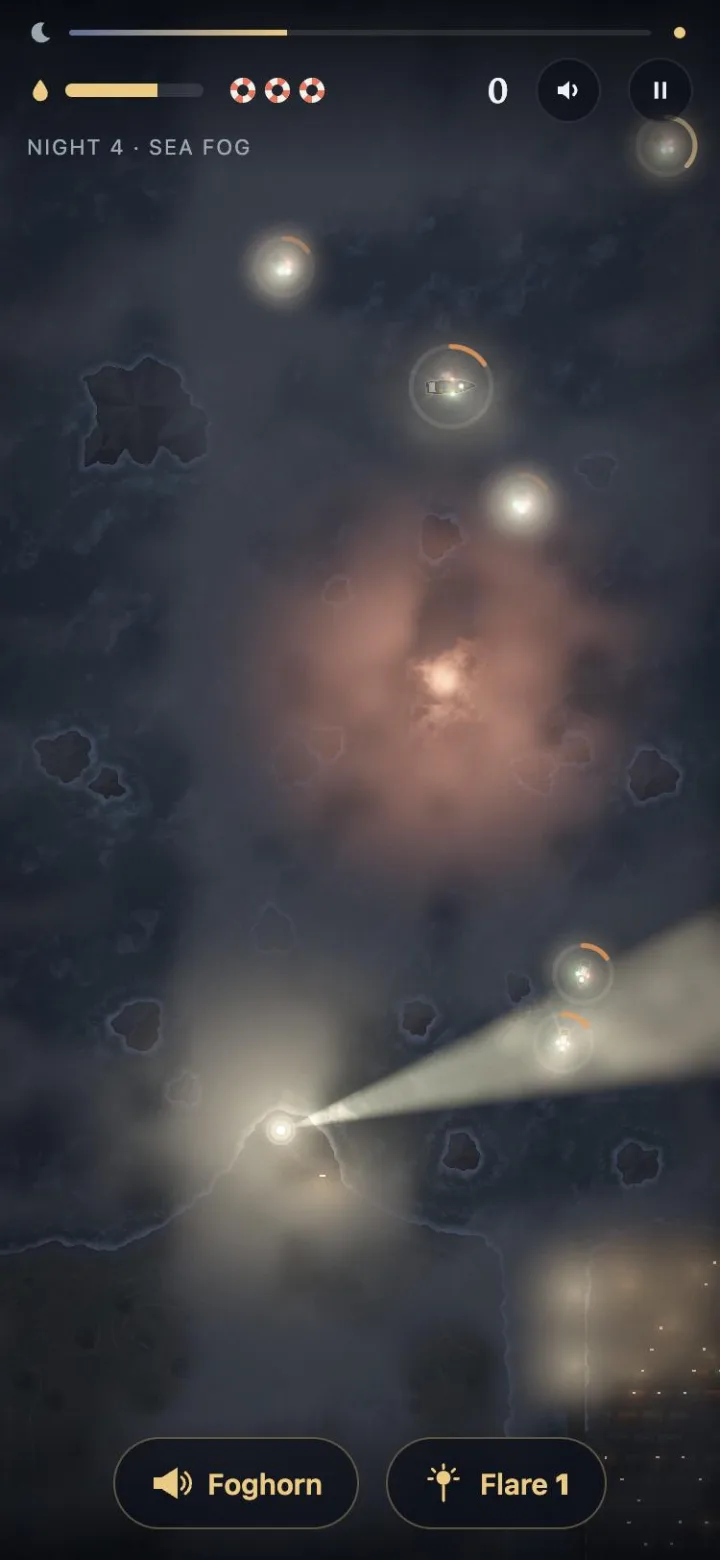 Sea fog: the beam is a solid shaft of light in the mist, a red flare glows over the water, and boats show only as lamps.