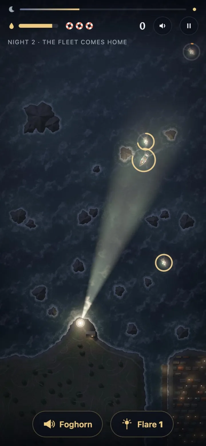 The game at night: the lighthouse beam crossing a dark sea, lighting a freighter and two fishing boats, each with a gold ring that shows how long it can see the rocks.